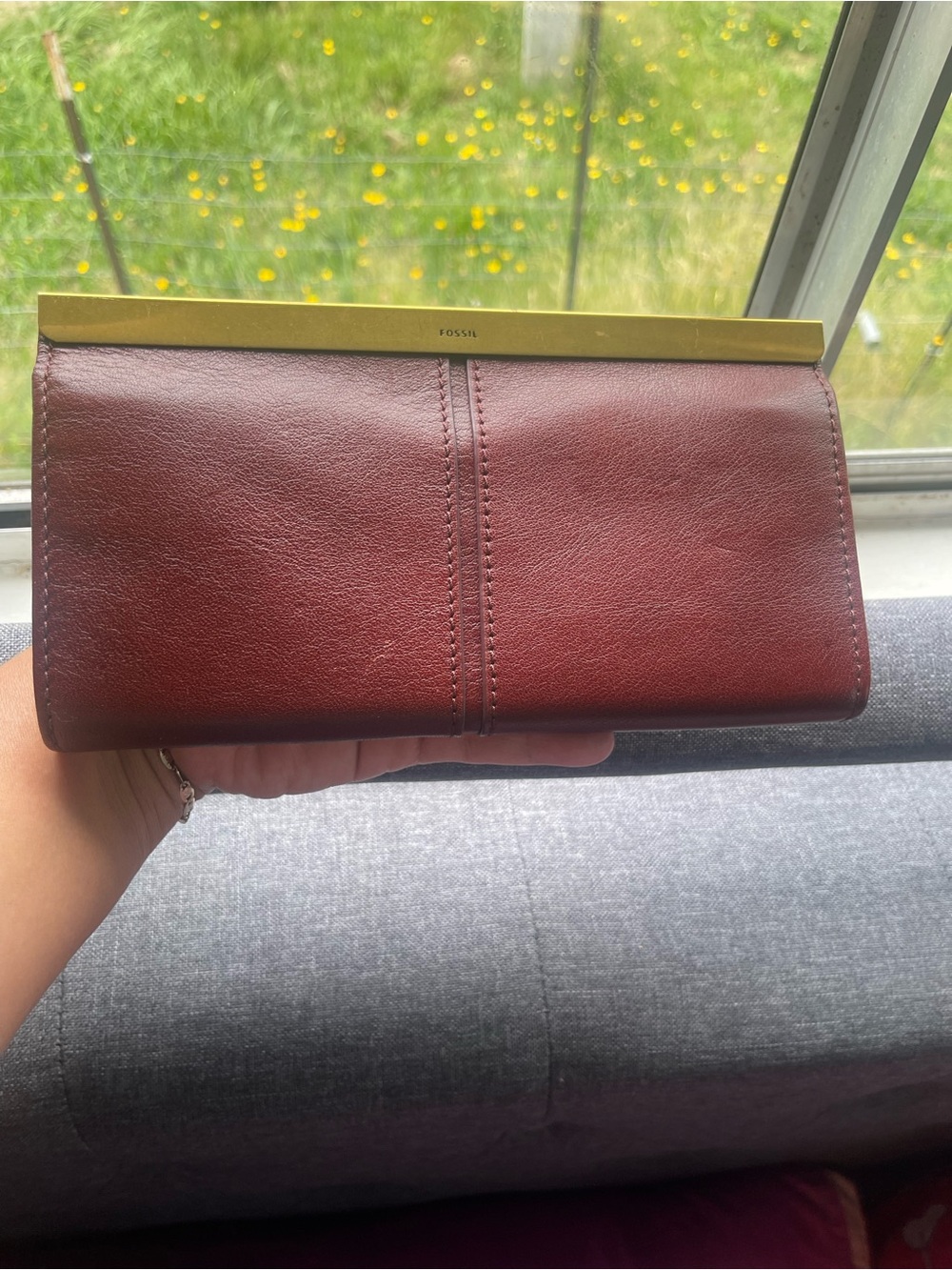 Fossil Wine Red Leather Clutch with Gold-Tone Frame